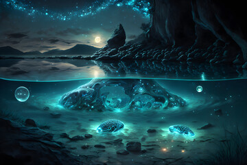 Wall Mural - Landscape Bioluminescence glowing plankton in water, fantasy luminescent algae in mountain lake at night, stunningly beautiful scene. Stars reflected in water.