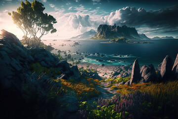 Aufkleber - Sunset on a wild sea beach, coastline and sand. Waves and sea surf on the background of mountains and flowers. Dawn in a cloudy sky.