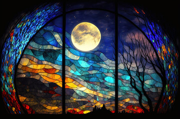 a stained glass window with a moon in the sky, a mosaic. generative ai.