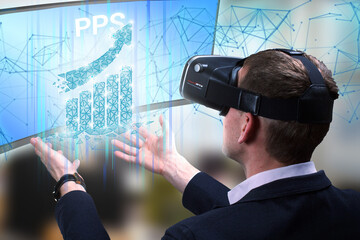 Wall Mural - Business, Technology, Internet and network concept. Young businessman working on a virtual screen of the future and sees the inscription: PPS