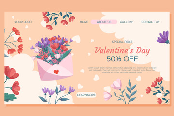 St. Valentine's Day Landing page template design with pink open envelop red flowers green leaves beige backdrop floral frame. Special Price concept online shopping with decorative clouds and hearts.