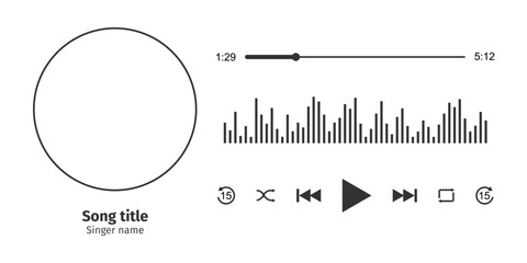 Wall Mural - Audio player interface horizontal design with round song photo frame, different buttons, loading progress bar with timer and sound wave. Vector graphic illustration isolated on white background