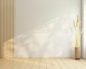 Wall Mural - Minimalist empty room decorated with wood floor and wood slat wall. 3d rendering