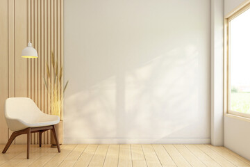 Wall Mural - Minimalist empty room decorated with wooden framed windows and wooden slatted wall. Armchair and wooden floor. 3D rendering.