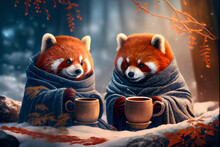 Two Red Pandas Wrapped Up In A Cozy Blanket, Telling Each Other Stories While Drinking Tea In The Winter Forest. Created With Generative AI Technology.