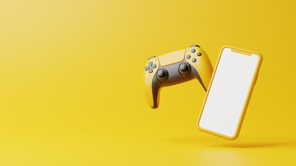 Wall Mural - Flying gamepad and phone on a yellow background with copy space. Joystick for video game. Game controller. Creative Minimal Gaming concept. Front view. 3D rendering illustration