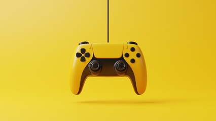 Wall Mural - Flying gamepad on a yellow background with copy space. Joystick for video game. Game controller. Creative Minimal Gaming concept. Front view. 3D rendering illustration