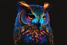 Abstract, Neon, Graphic Portrait Of An Owl In The Style Of Pop Art On A Black Background. Digital Drawing. AI