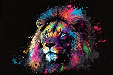 Abstract, multicolored, neon portrait of a lion head in pop art style. AI