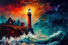 Digital Painting Of A Lighthouse On The Coast During A Stormy Night.