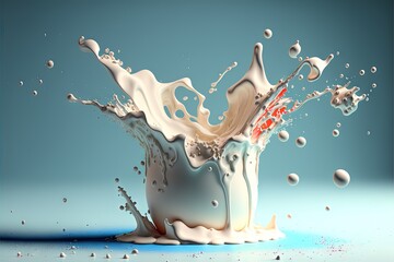  a splash of milk is in the air with water droplets around it and a red object in the middle of the splashing liquid on the ground, on a blue background, with a., generative ai