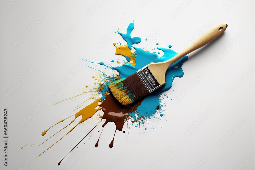a paintbrush with a blue and yellow paint splattered on it's side and a ...