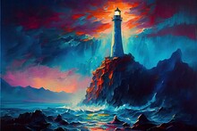 Digital Painting Of A Lighthouse On Top Of A Cliff With Large Waves.