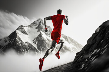 Wall Mural - Action of a man in red cloth is running trail on the hill with snowy mountain as background, Extreme sport challenge activity. Generative Ai image.