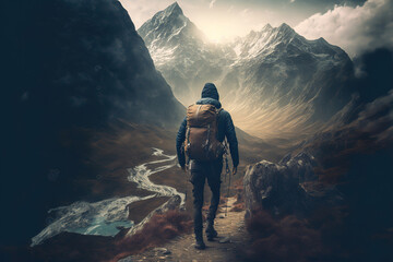 Wall Mural - Close-up at back of a backpacker is standing on the beautiful view of the mountain range in winter season as background. Trekking leisure scene. Generative Ai image.