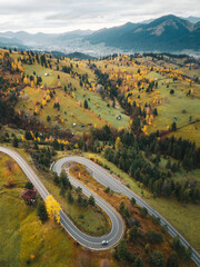 Wall Mural - Aerial view of mountain road with car at sunrise in autum. Beautiful landscape with roadway in hills, pine trees, mountains, golden sunlight in fall. Bucovina,Romania