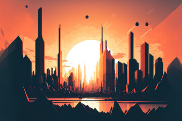 Sticker - Beautiful sunset, futuristic abstract city. contemporary urban landscape high rise structures. Illustration of an imaginary world. Generative AI