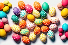  A Group Of Colorful Eggs With Polka Dots On Them On A White Surface With A White Background And A Blue Border Around Them With A White Border And A Blue Border With A White Border., Generative Ai