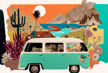 Summer Vacation Road Trip Trendy Art Paper Collage Design. Generative Ai