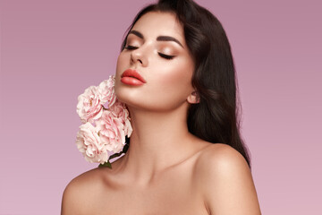 Wall Mural - portrait beautiful young woman with clean fresh skin. model with healthy skin, close up portrait. co