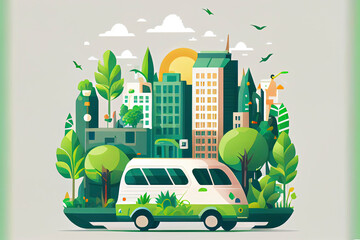 green ecology city with environment car. save the world and energy concept