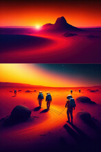 Composition Of Astronauts Exploring Mars Surface. Generative AI.