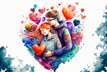 Couple In Love Hugging And Kissing. Young Love. Ai Generated. Watercolor Illustration Of Kissing And Hugging Couple Surrounded By Hearts. Romantic Date. Valentine's Day Card