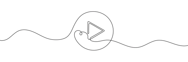 The play button is drawn as a continuous single line. One continuous drawing of a play button. Vector illustration