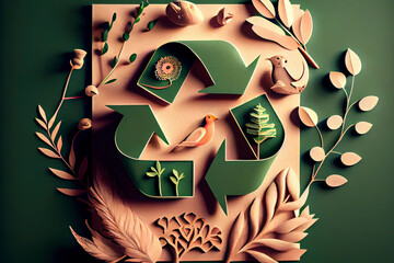 Wall Mural - Green recycle icon eco papercut nature concept