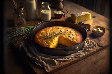 Poster - A pan of freshly baked, savory cornbread, still warm from the oven and served with a generous pat of melting butter