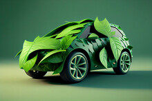Car Green Leaf With Four Wheels. 3D Illustration
