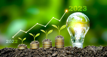 Sprouts grow in piles of coins compared to 2022-2023 and cubes have text plans, goals and actions. Concept of business growth, profit and development for success in 2023.