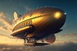 Golden steampunk zeppelin. Fantasy scene. Generative ai.