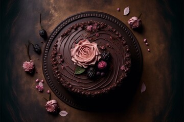 Sticker - A decadent chocolate cake adorned with intricate rose icing, shot from above to showcase its delicate layers and toppings