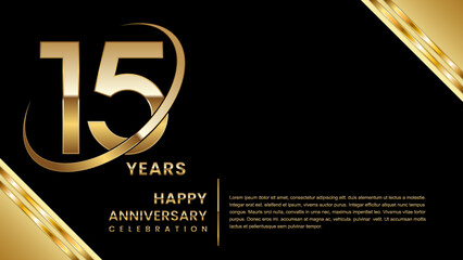 15th Anniversary Celebration. Template design with gold color for anniversary celebration event, invitation, banner, poster, flyer, greeting card. Logo Vector Template Illustration