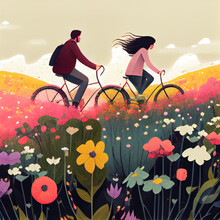 Happy Couple Riding Double Bicycle In Field With Flowers. Generative AI