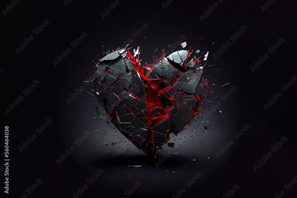 Broken heart on black background, anti-valentine's day. Generative