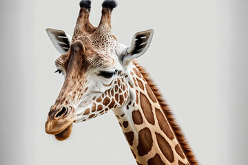 Poster - Long headed giraffe leaning backwards on white. Generative AI