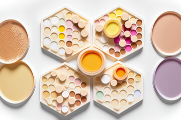 Wall Mural - Top view of abstract petri plates with cosmetics against a white background. Concept for a cosmetics lab in science. Skin care products and research in cosmetology. Generative AI