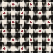 Heart Gingham Check Plaid Pattern For Valentine's Day Design. Seamless Black, Red, Off White Cute Herringbone Vichy Tartan For Dress, Skirt, Jacket, Scarf, Other Modern Spring Autumn Winter Print.