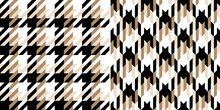 Check Plaid Pattern Tweed In Beige, Black, White For Spring Autumn Winter. Seamless Asymmetric Neutral Houndstooth Tartan Vector Set For Dress, Jacket, Coat, Scarf, Other Fashion Fabric Design.