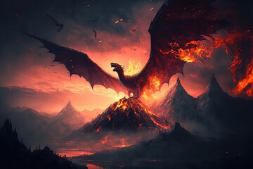 Fire breathes explode from a giant dragon in a black night, the epic battle evil concept art (ai generated)