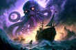 A giant purple octopus kraken monster attacking a pirate ship from the sky in a dark ocean with flames, generative ai