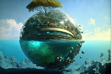 Submerged Living Quarters Sphere In The Sea. Futuristic Architecture Concept. Generative Ai.