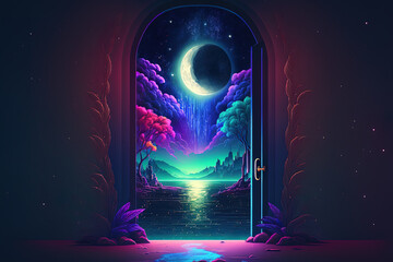 Canvas Print - Fantasy futuristic night scene with abstract island and scenery, moonlight, brilliance, moon, and neon. Natural setting in the dark with water reflecting light. Illustration of a neon space galaxy doo