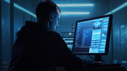 computer hacker in hoodie. obscured dark face. concept of hacker attack, virus infected software, da