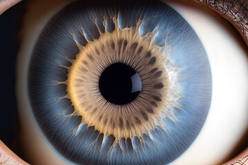 Wall Mural - Stunning close up of an eye with a brown on one side and a blue on the other. Segmental heterochromia (heterochromia iridium), in which the colors of several segments of an iris vary. Generative AI