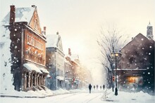 Watercolor Painting Of A Winter City With Snow-covered With Snow,mural ,ai, Generative AI