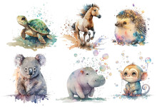 Safari Animal Set Hedgehog, Horse, Turtle, Koala, Monkey, Hippopotamus In Watercolor Style. Isolated Vector Illustration