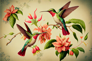 Wall Mural - Vintage floral pattern with hummingbirds, ideal for decorative backgrounds, generative AI